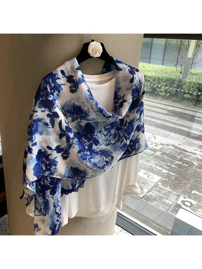 Scarvii - Blue Floral Rectangular Shawl Scarf