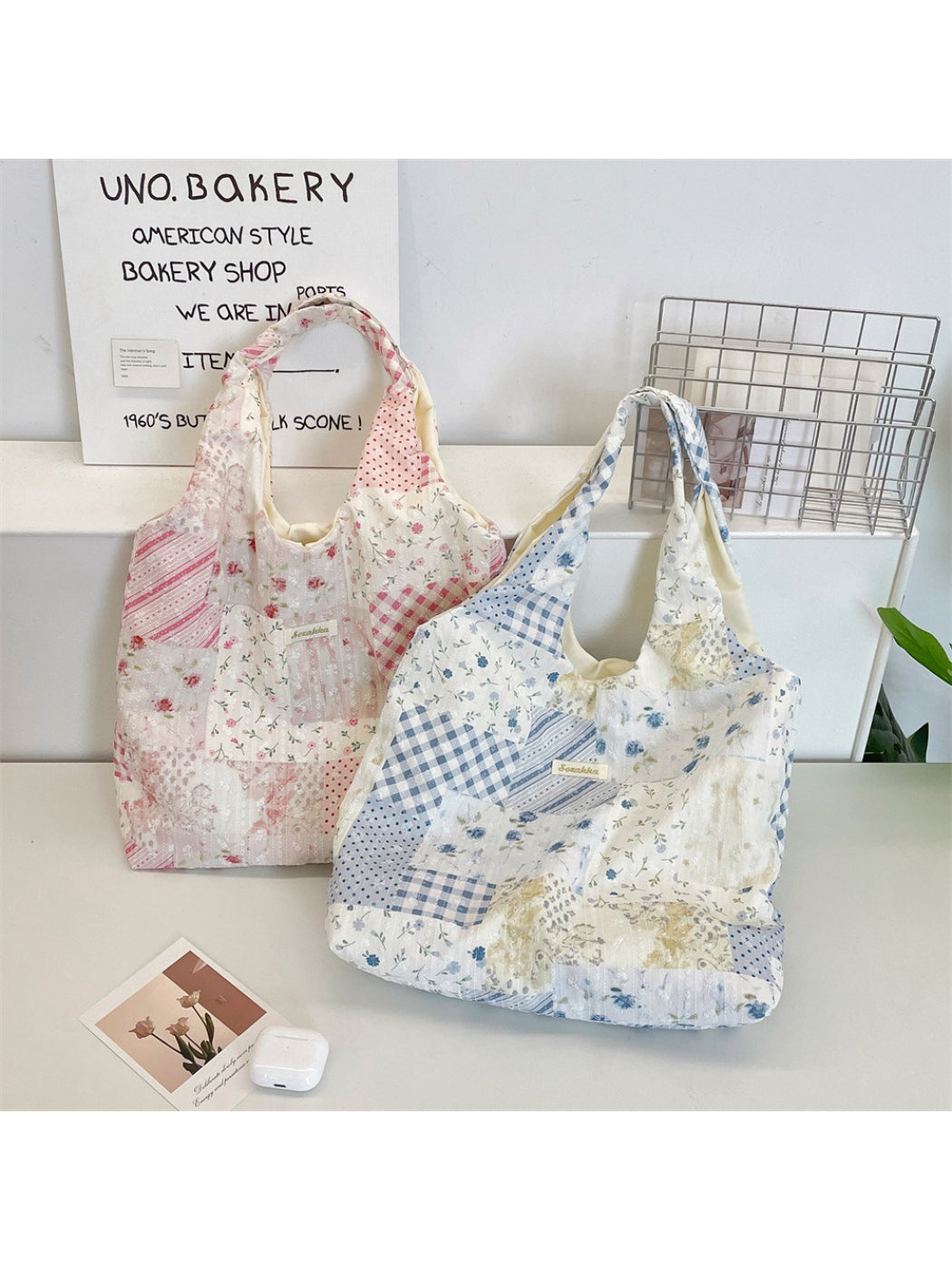 Cosbai Soft Floral Patchwork Everyday Tote bag with mixed floral fabric panels and tan handles