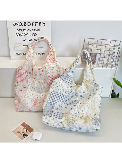 Cosbai Soft Floral Patchwork Everyday Tote bag with mixed floral fabric panels and tan handles