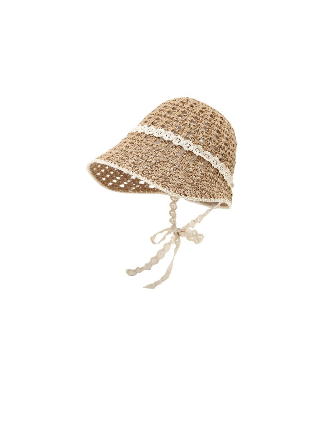 Haila knit bucket hat with lace trim and tie straps shown from above