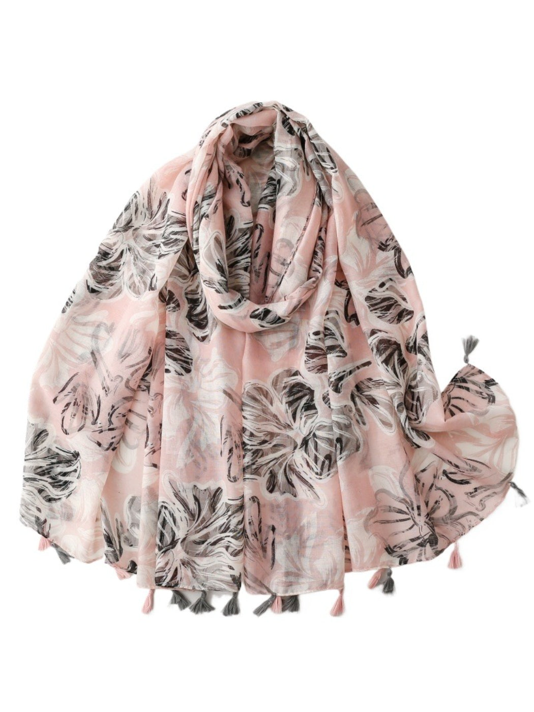 Scarvii botanical flower wrap scarf draped over shoulders showcasing lightweight and flowy material