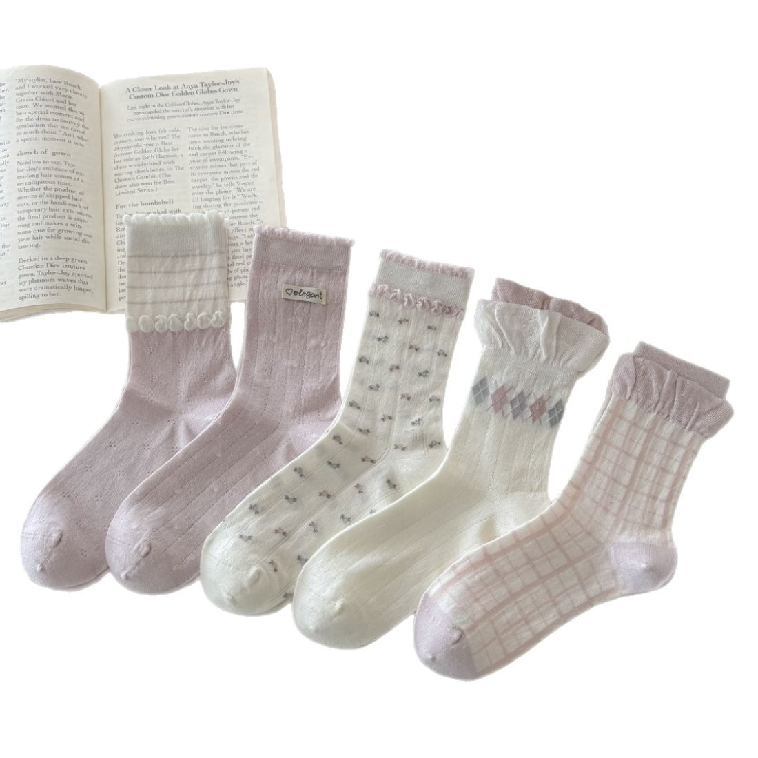 Rufia soft ruffle trim knit crew socks displayed flat on white background