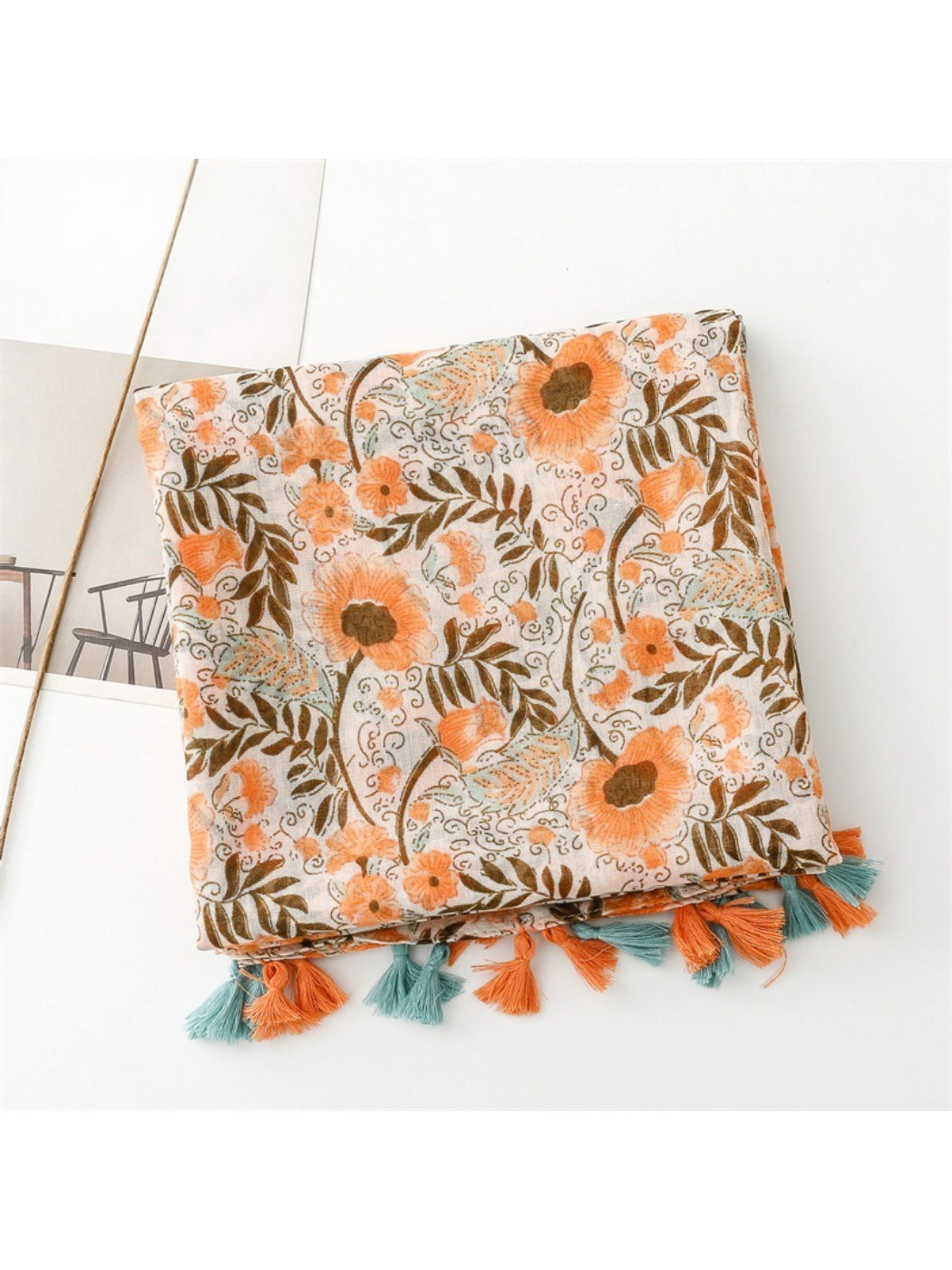 Scarvii - Boho Floral Print Tassel Scarf