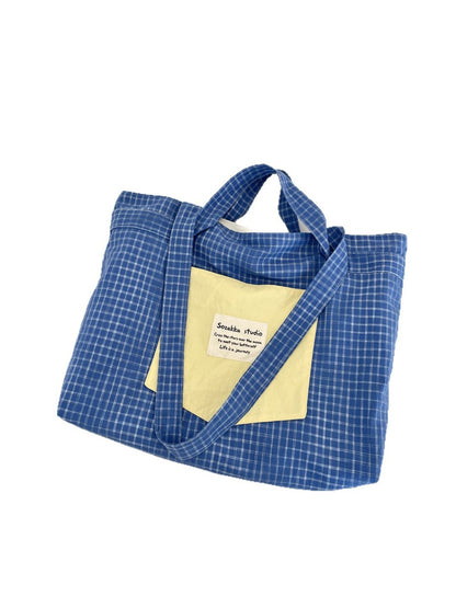 Cosbai - Patchwork Plaid Tote Bag & Shoulder Bag