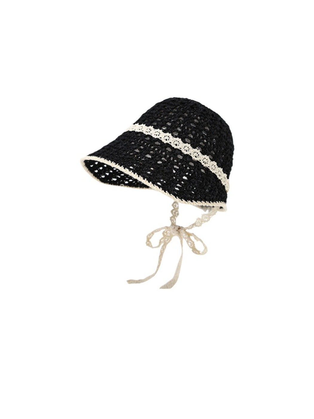 Close-up of Haila bucket hat showing detailed lace trim and knit texture