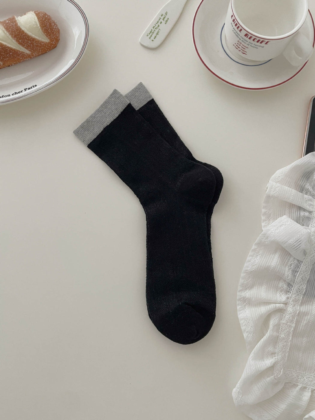 Rufia soft tone contrast ribbed socks arranged to display color and texture