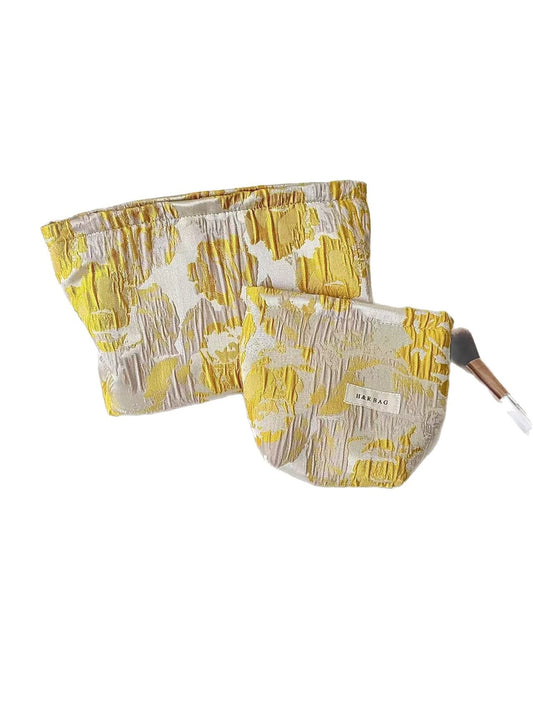 Cosbai - Yellow Floral Pleated Design Zip Pouch