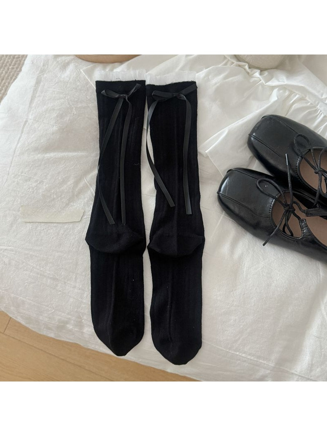 Rufia - Simple Solid Color Bow Mid-calf Socks