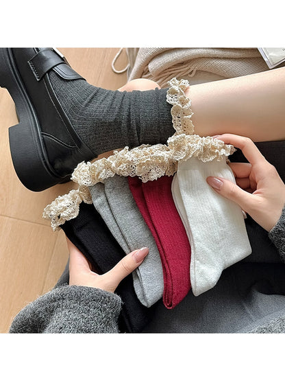 Rufia - Solid Color Ribbed Lace Trim Crew Socks