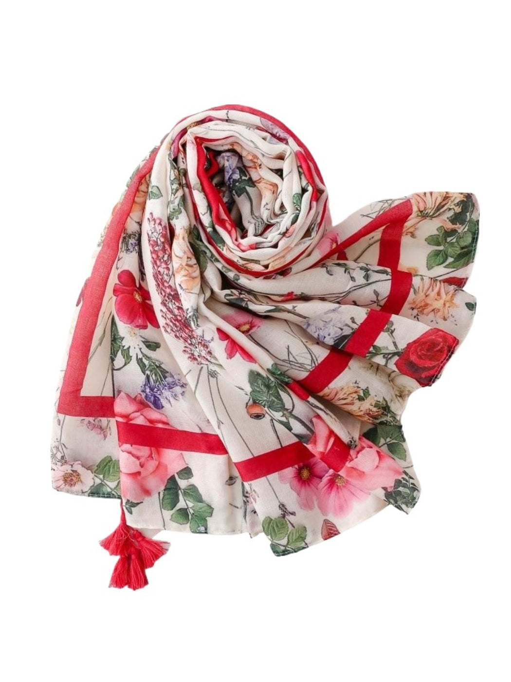 Romantic Bloom Tassel Scarf styled with casual outfit showing length and tassel details