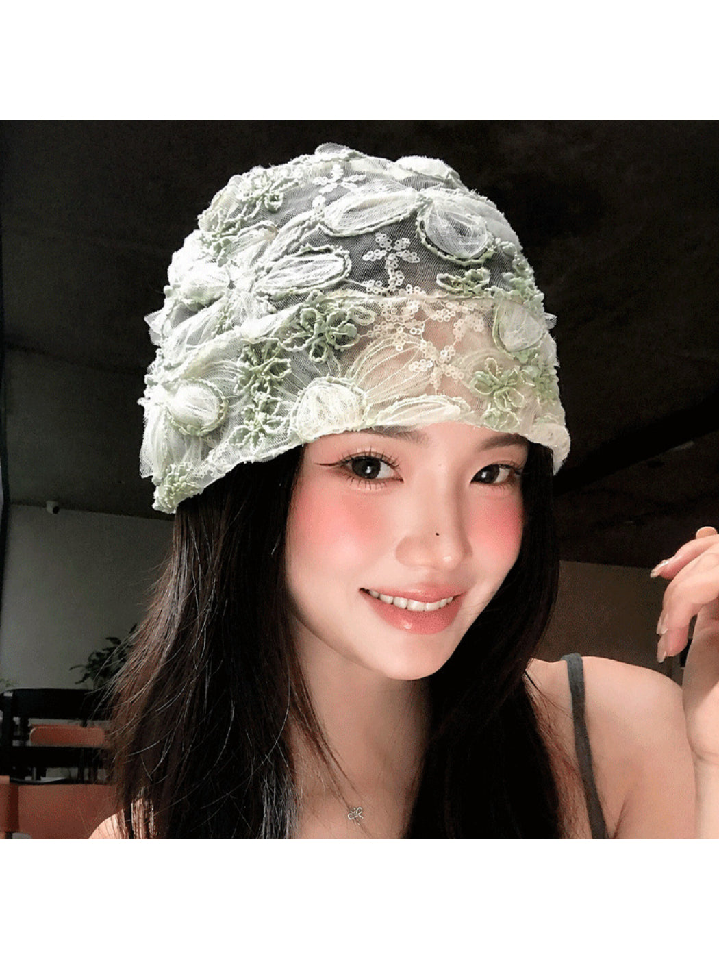 Haila - Floral Applique Mesh Cuffed Beanie