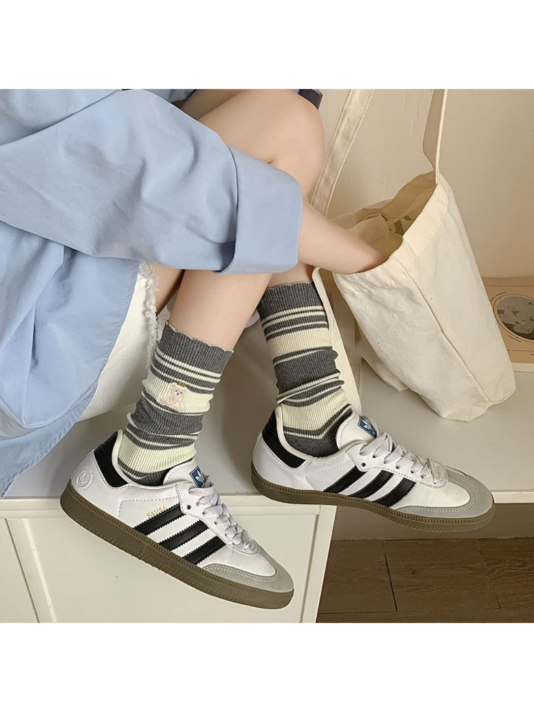 Rufia Soft Stripe Bear Crew Socks folded to display soft knit texture and design