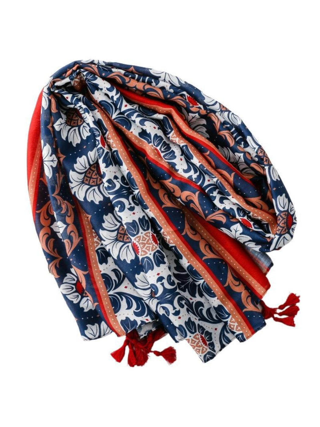 Scarvii scarf laid flat showing complete decorative motif pattern and tassel trim