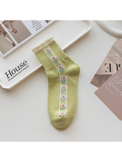 Rufia - Floral Ruffle Cuff Casual Crew Socks