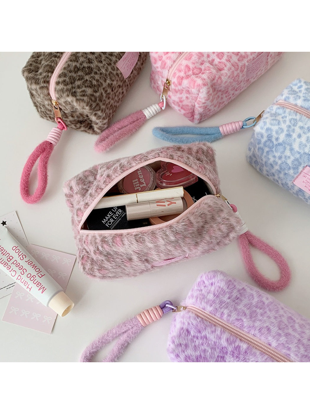 Cosbai - Plush Leopard Print Cosmetic Storage Bag