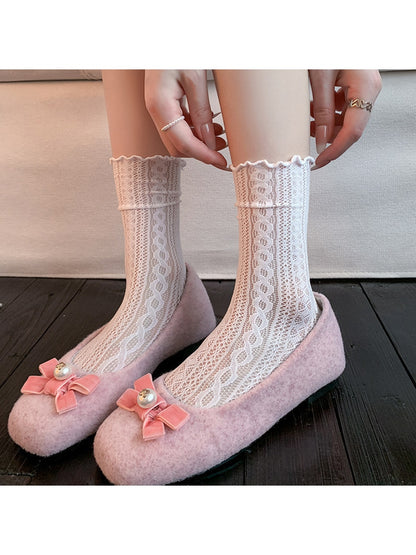 Rufia - Muted Cable Lace Ruffle Crew Socks