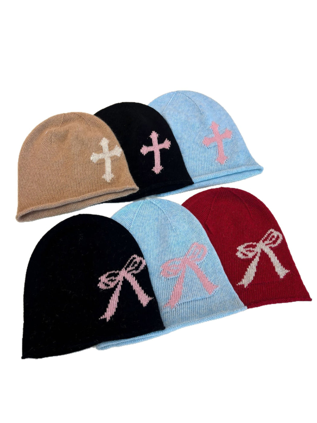 Haila - Bow and Cross Motif Rolled Edge Knit Beanie