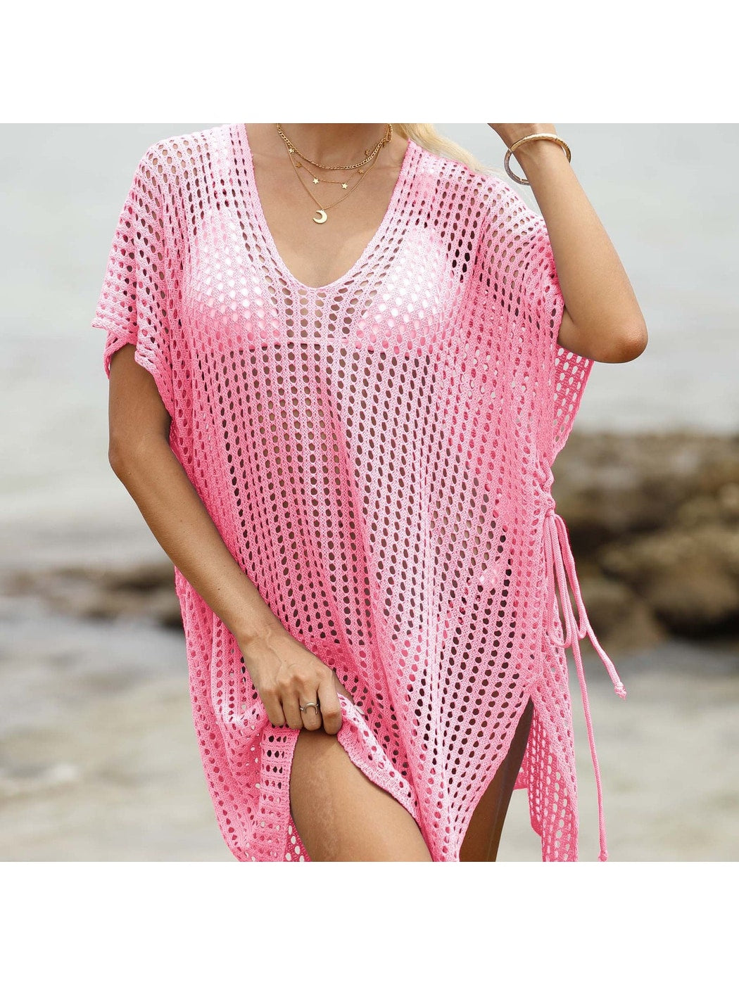 Crosa - Hollow-Out Solid Color Loose Beach Cover Up Dress