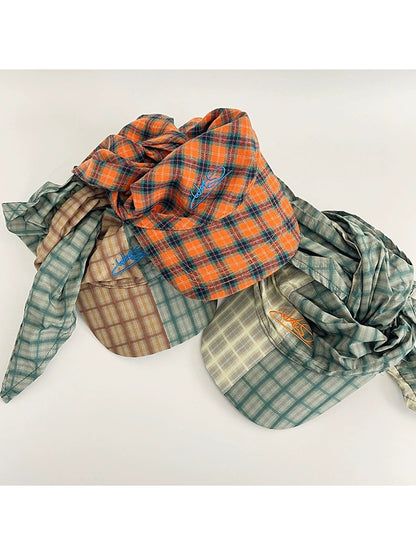 Haila - Colorblock Plaid Curved Brim Headscarf Cap