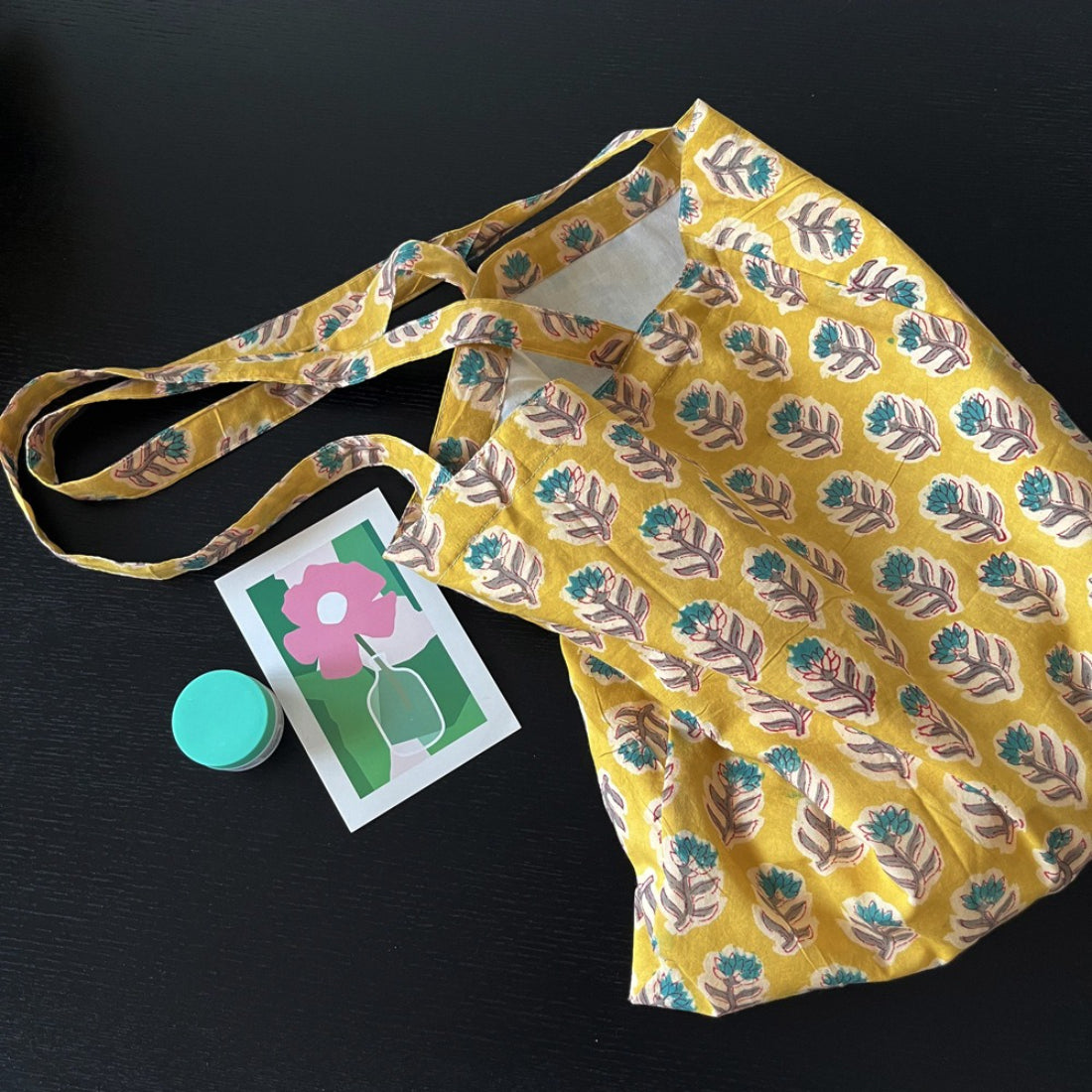 Yellow floral everyday tote bag detail view