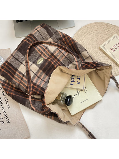 Cosbai vintage plaid soft structure tote bag angled to show design and structure