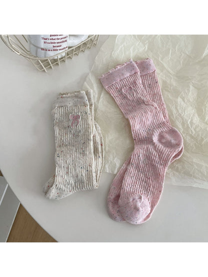 Rufia - Bow Embroidered Ruffle Cuff Heathered Crew Socks