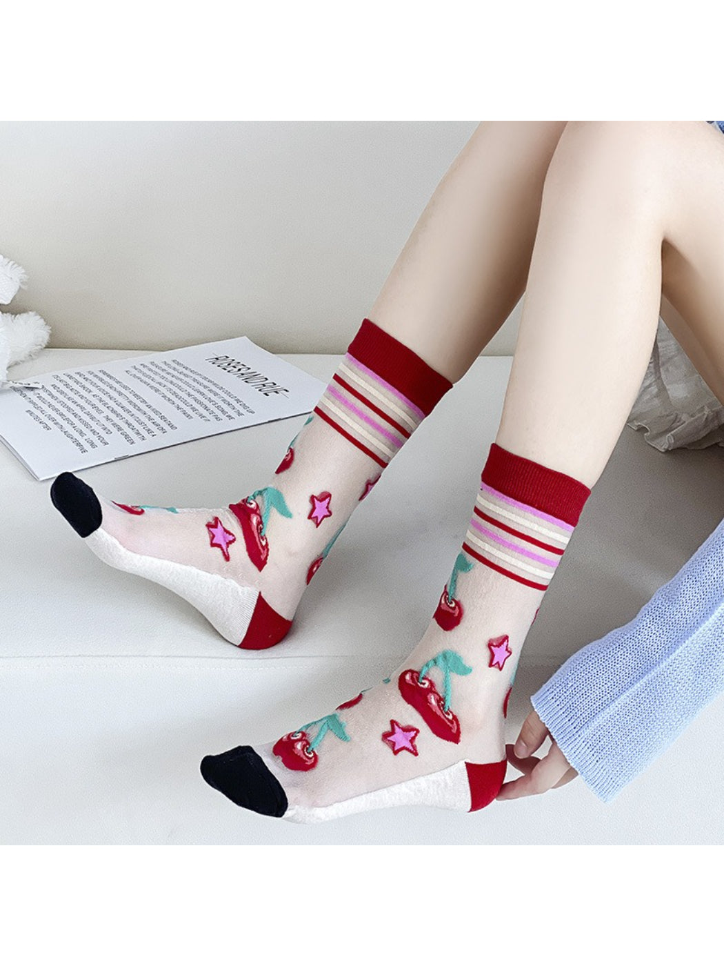 Rufia - Cherry Stripe Sheer Crew Socks product image 1