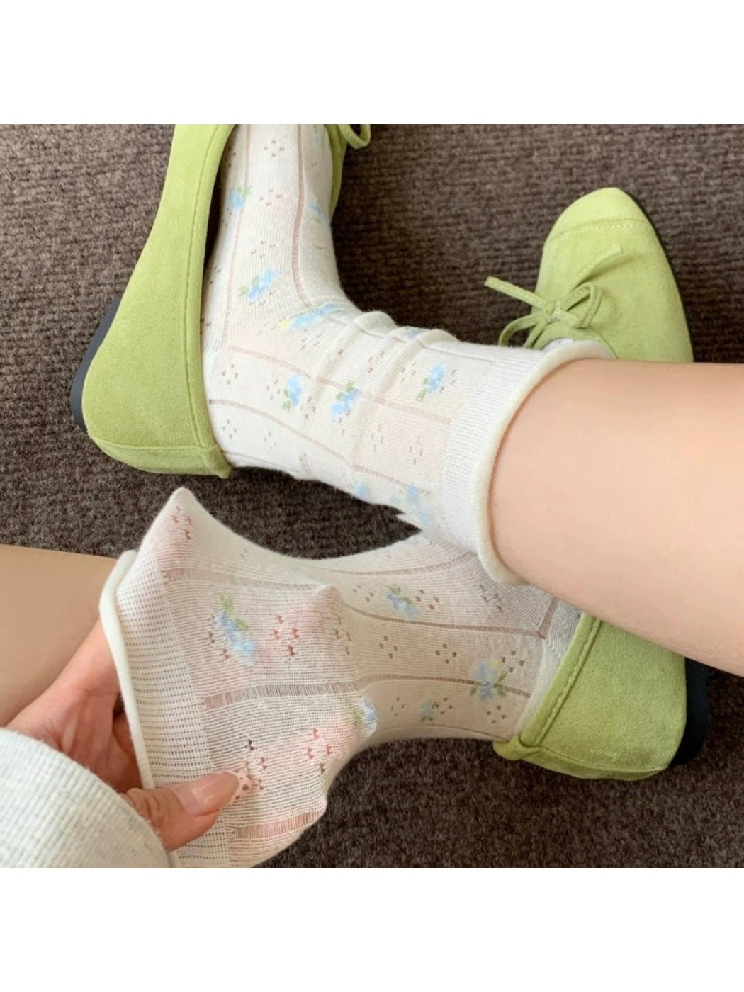 WHTFLW Rufia floral crew socks styled with flats