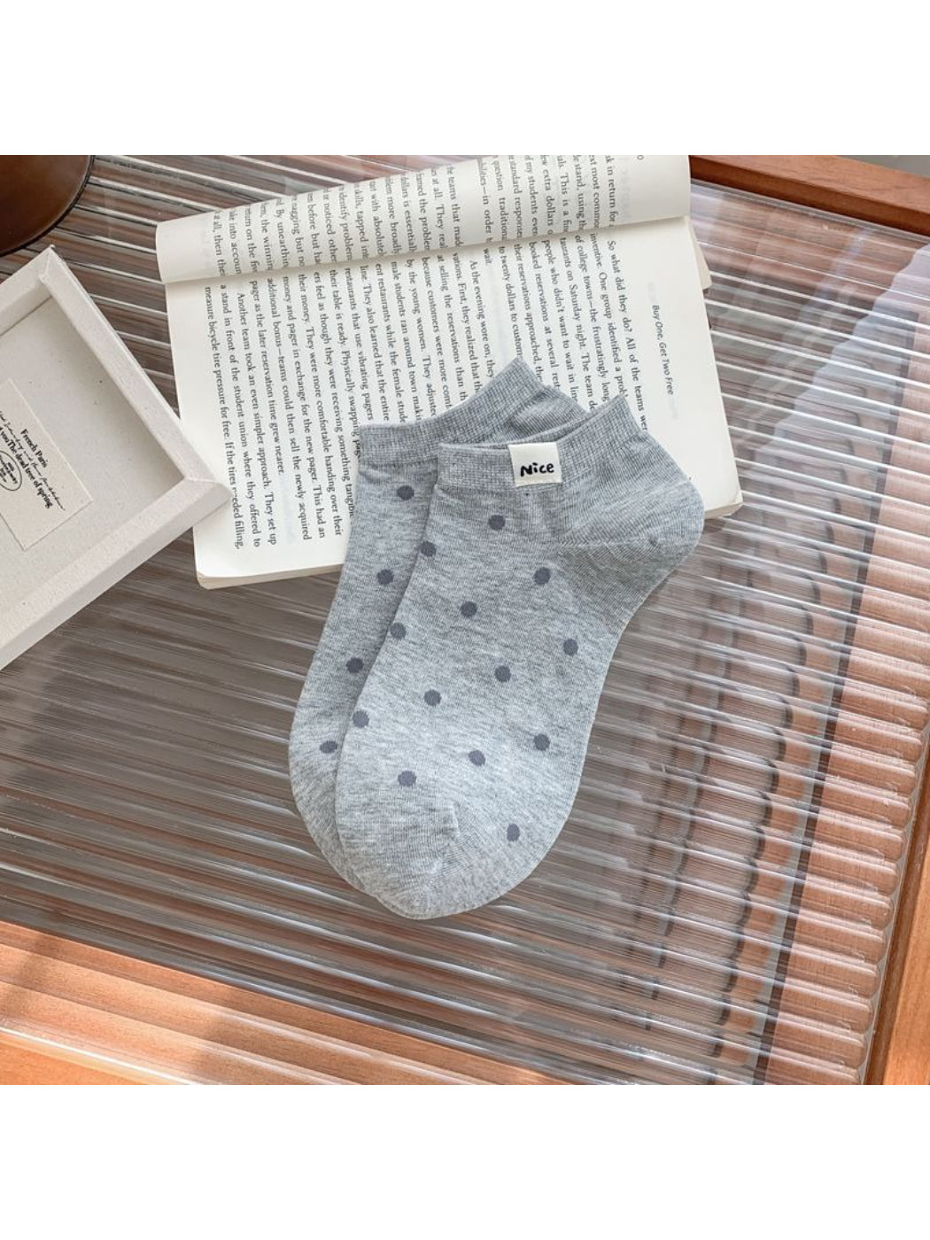 Side view of Rufia Everyday Polka Dot Socks highlighting ankle length and pattern