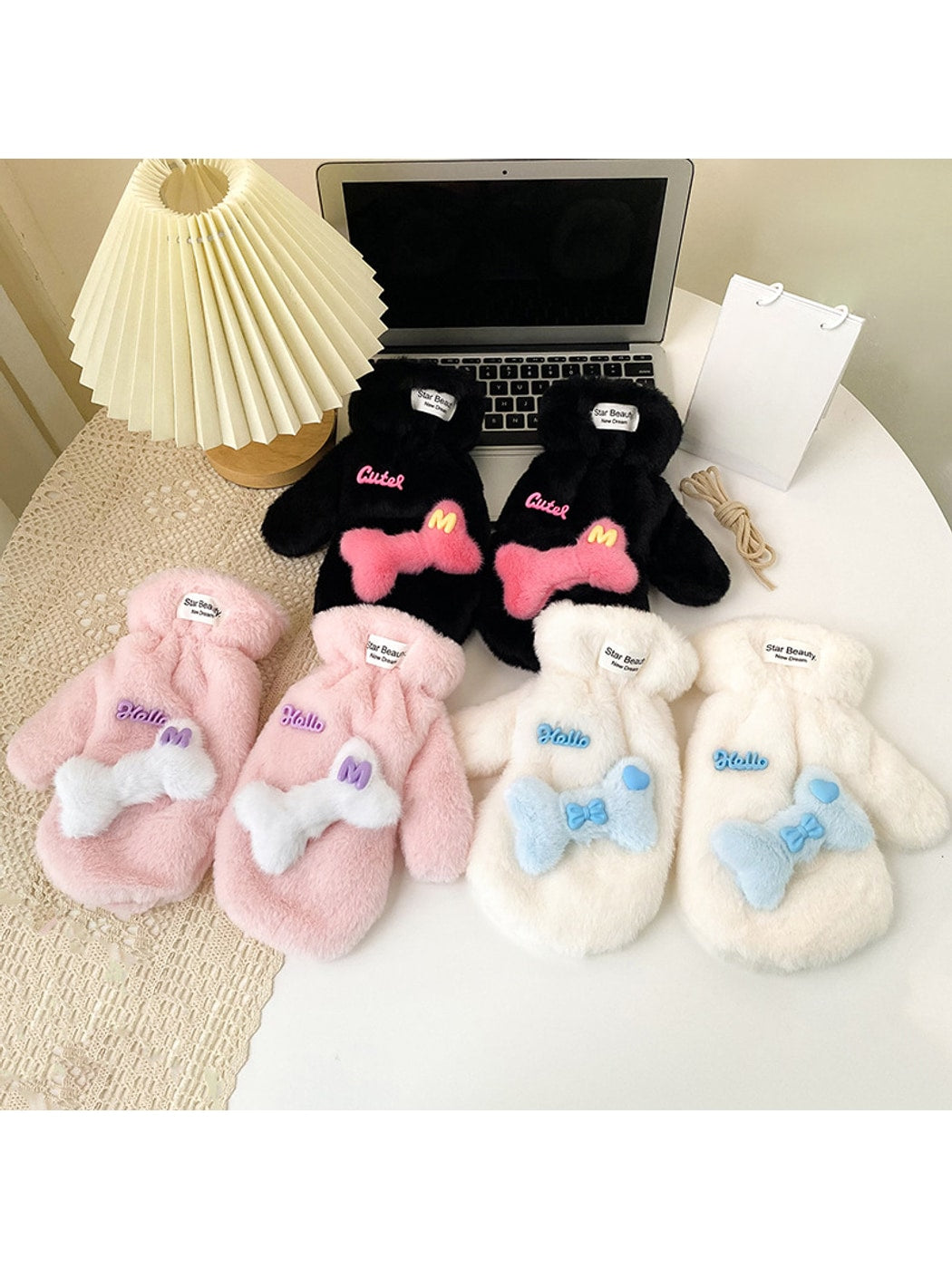 Gloving - Cute Bone Accent Plush Winter Mittens