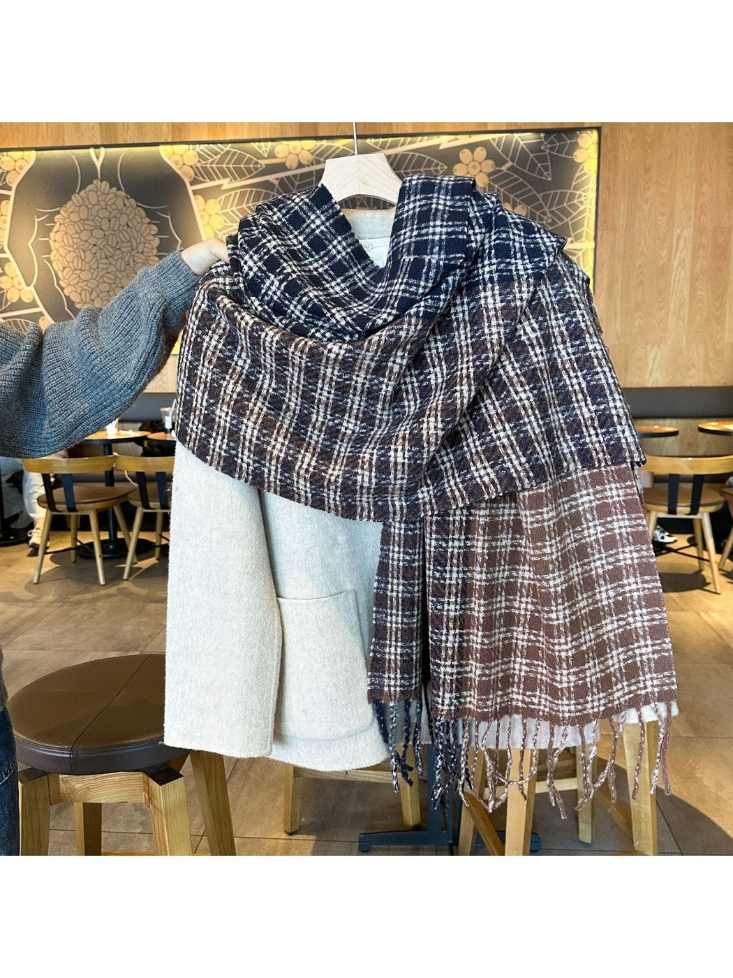Scarvii - Contrast Panel Plaid Fringed Winter Scarf