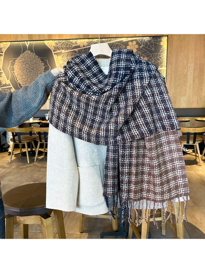 Scarvii - Contrast Panel Plaid Fringed Winter Scarf