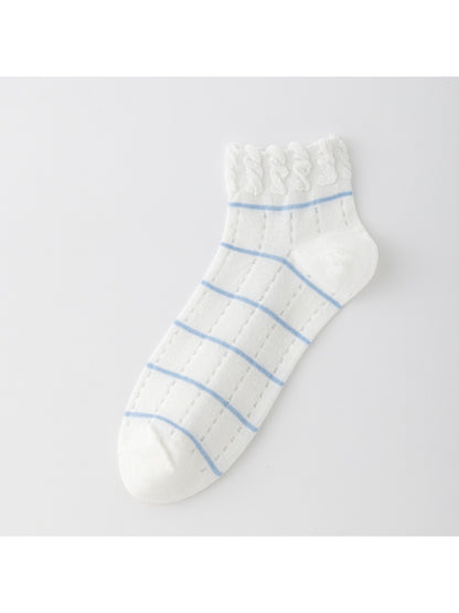 Side view of Rufia ankle socks showing blue and white stripes and frill edge