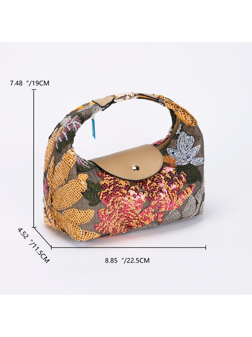 Close-up of floral embroidery and sequins on Cosbai shoulder bag
