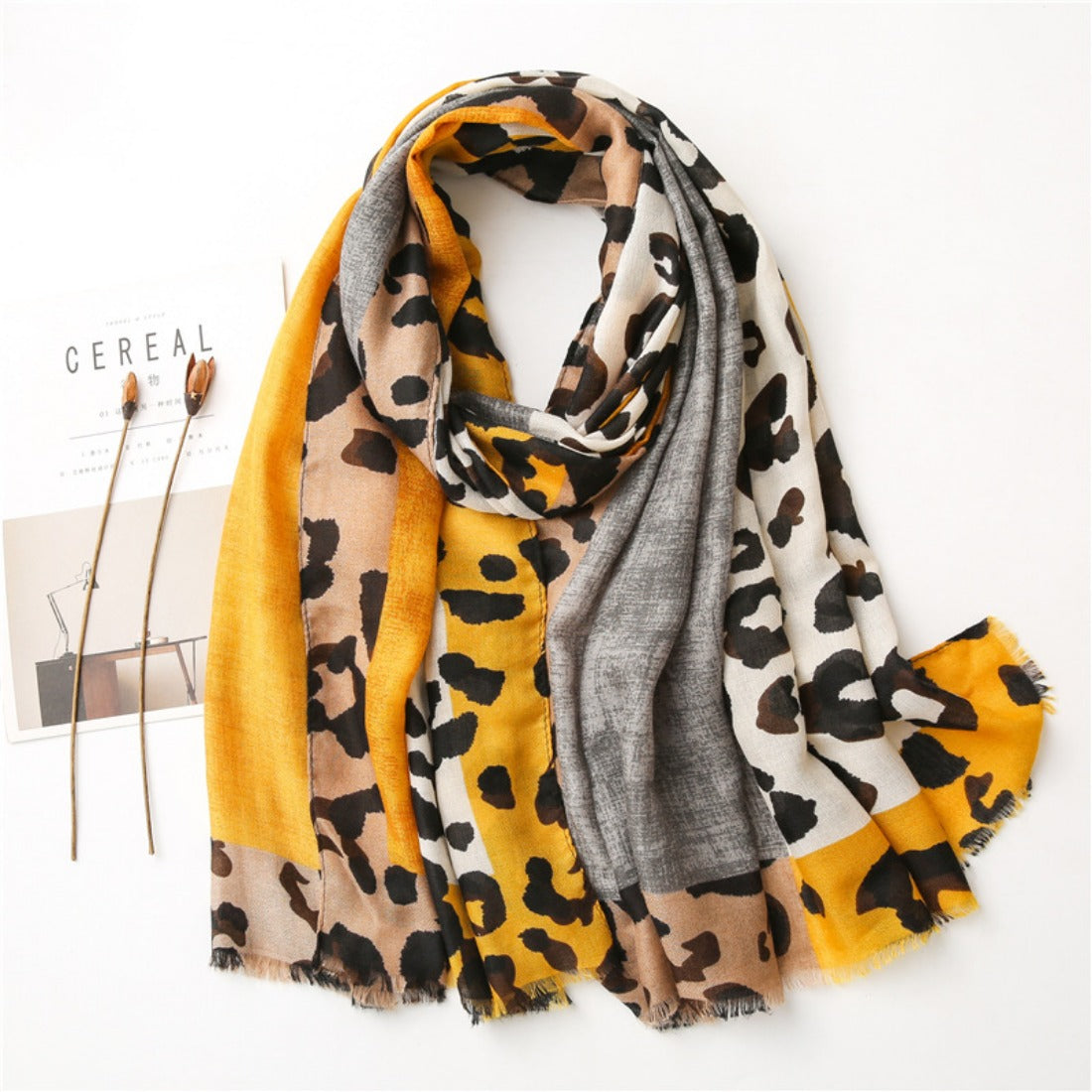 Scarvii - Colorblock Leopard Print Scarf