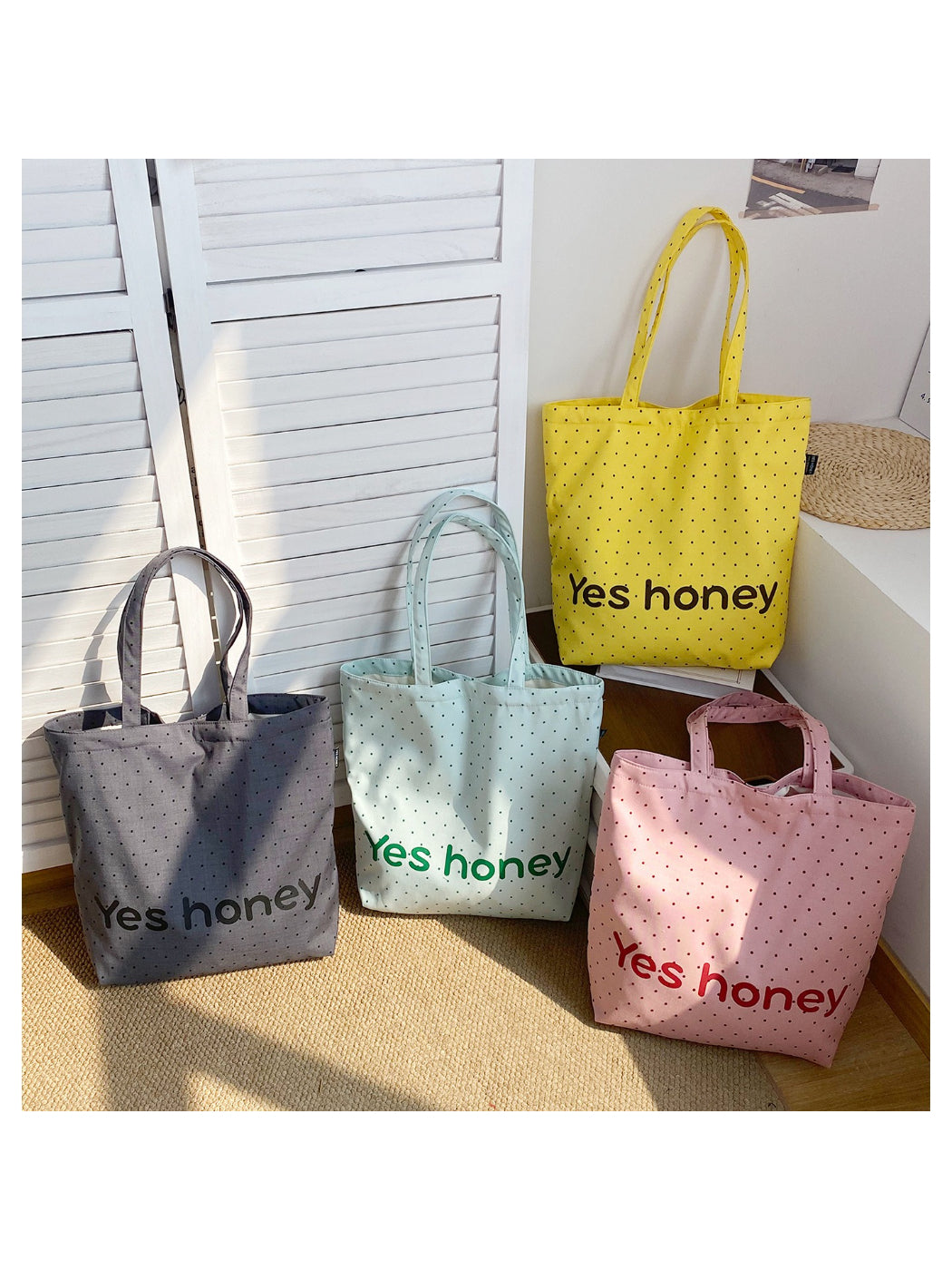 Cosbai Dot Print Graphic Tote Bag front view with black and white polka dot pattern