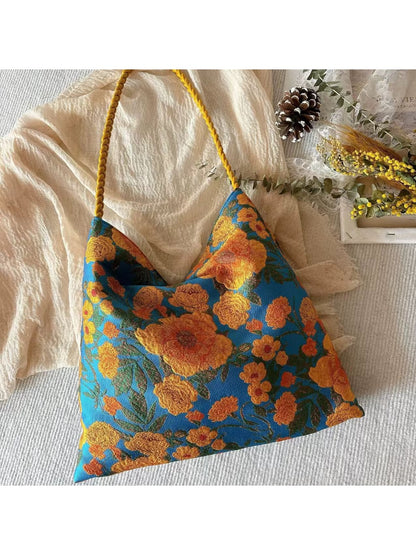 Cosbai - Floral Contrast Detail Magnetic Closure Tote Bag