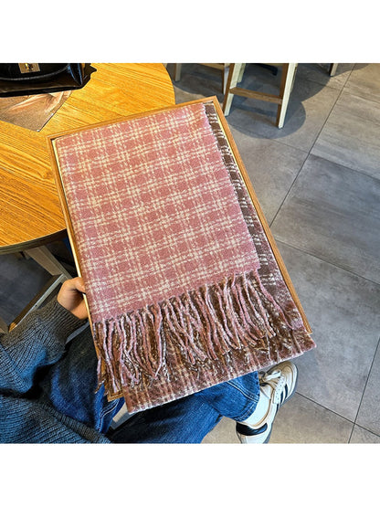 Scarvii - Contrast Panel Plaid Fringed Winter Scarf