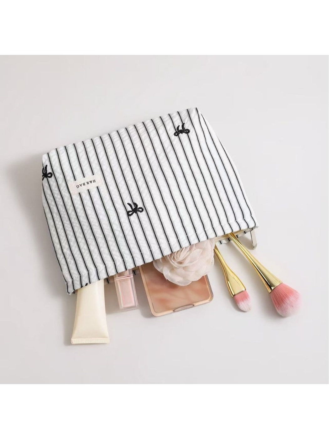 Cosbai - Striped Bow Embroidered Makeup Bag