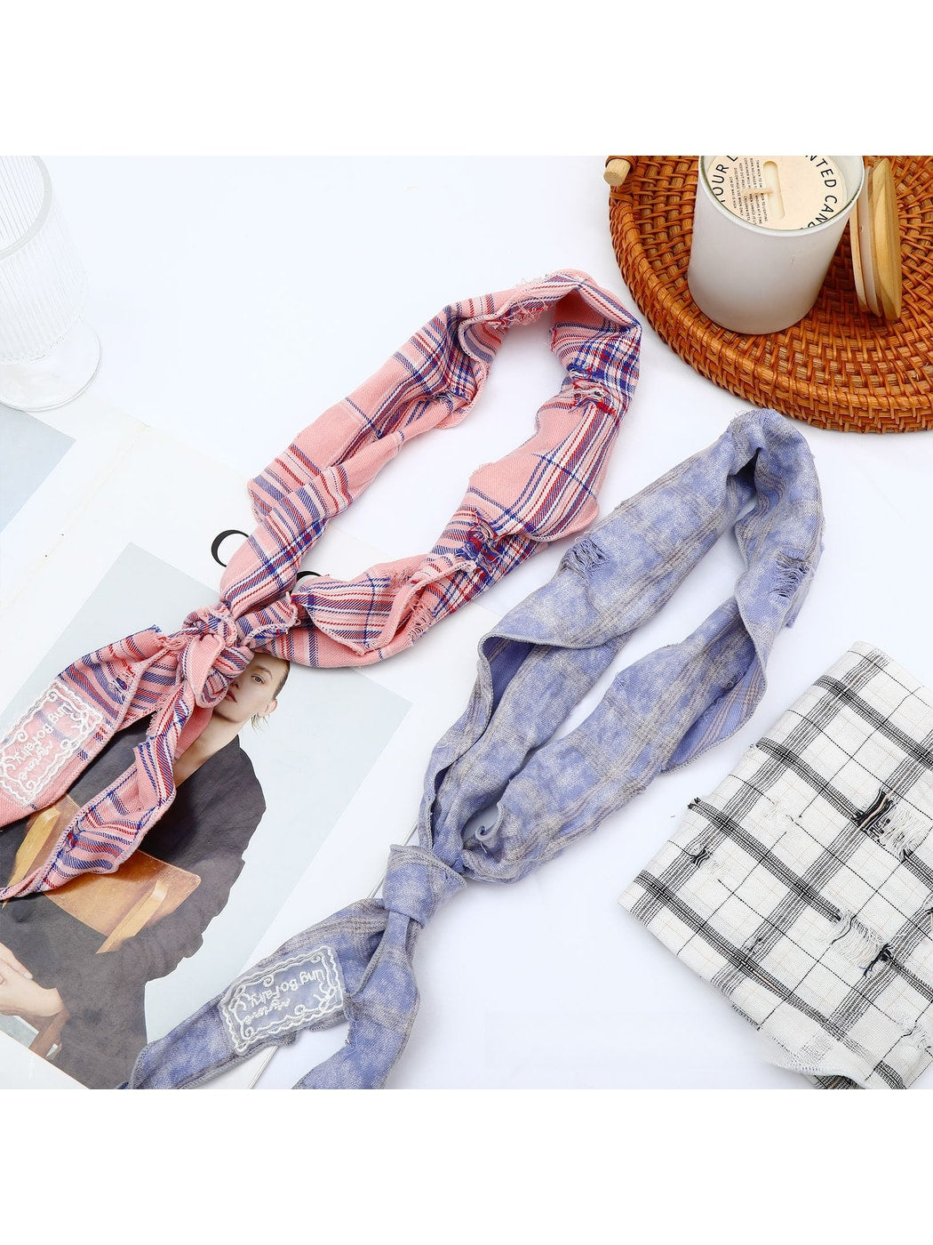 Scarvii - Pastel Plaid Print Triangle Bandana