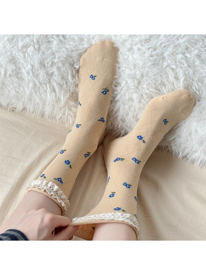 Rufia - Lace Trim Floral Crew Socks