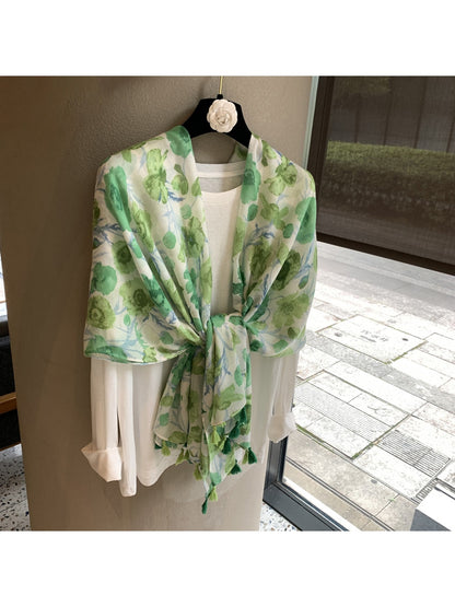 Scarvii - Floral Tassel Long Rectangular Shawl