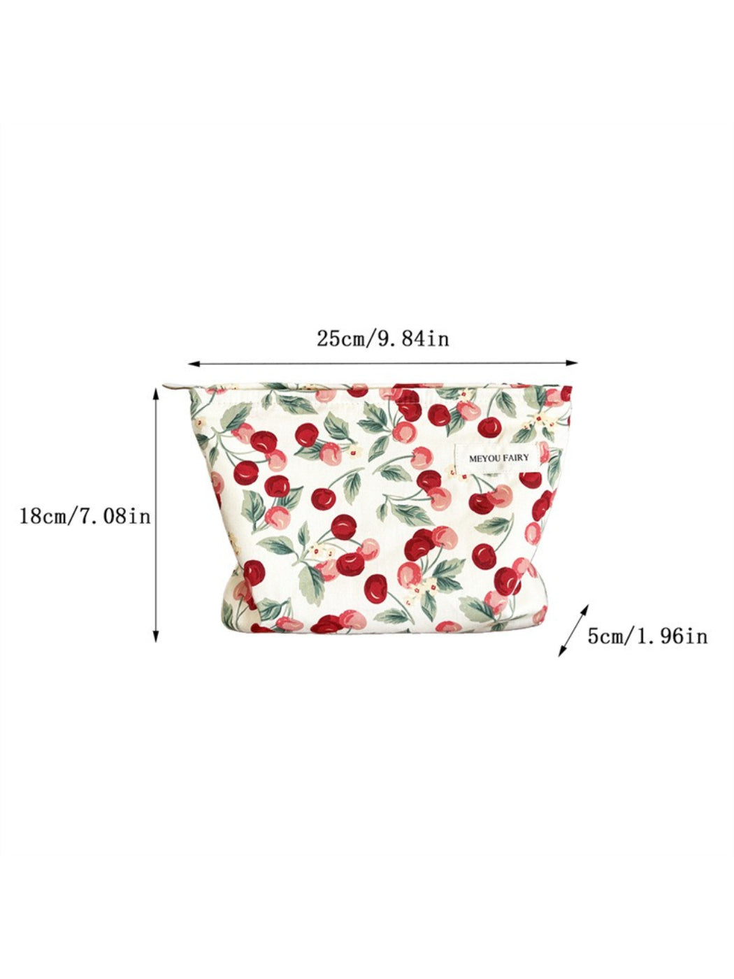 Side view of the Cosbai Sweet Cherry Makeup Pouch highlighting its slim profile