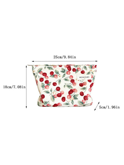 Side view of the Cosbai Sweet Cherry Makeup Pouch highlighting its slim profile