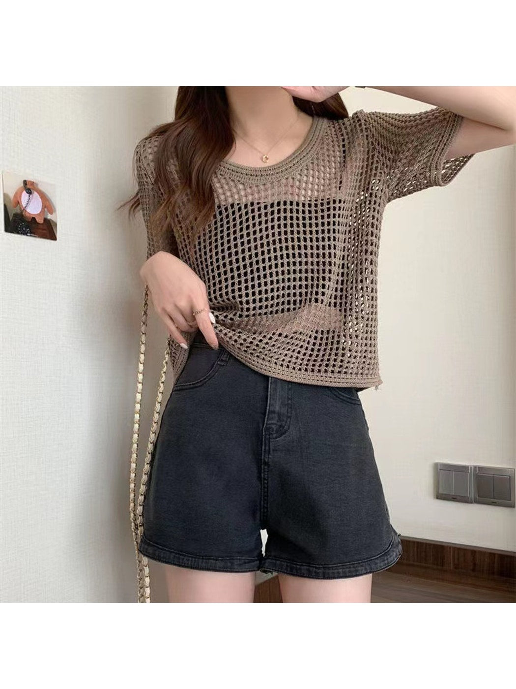 Crosa - Round Neck Hollow Out Knit Pullover Top
