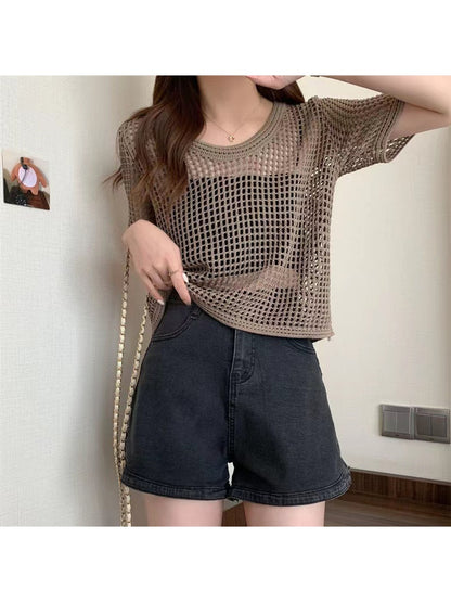 Crosa - Round Neck Hollow Out Knit Pullover Top