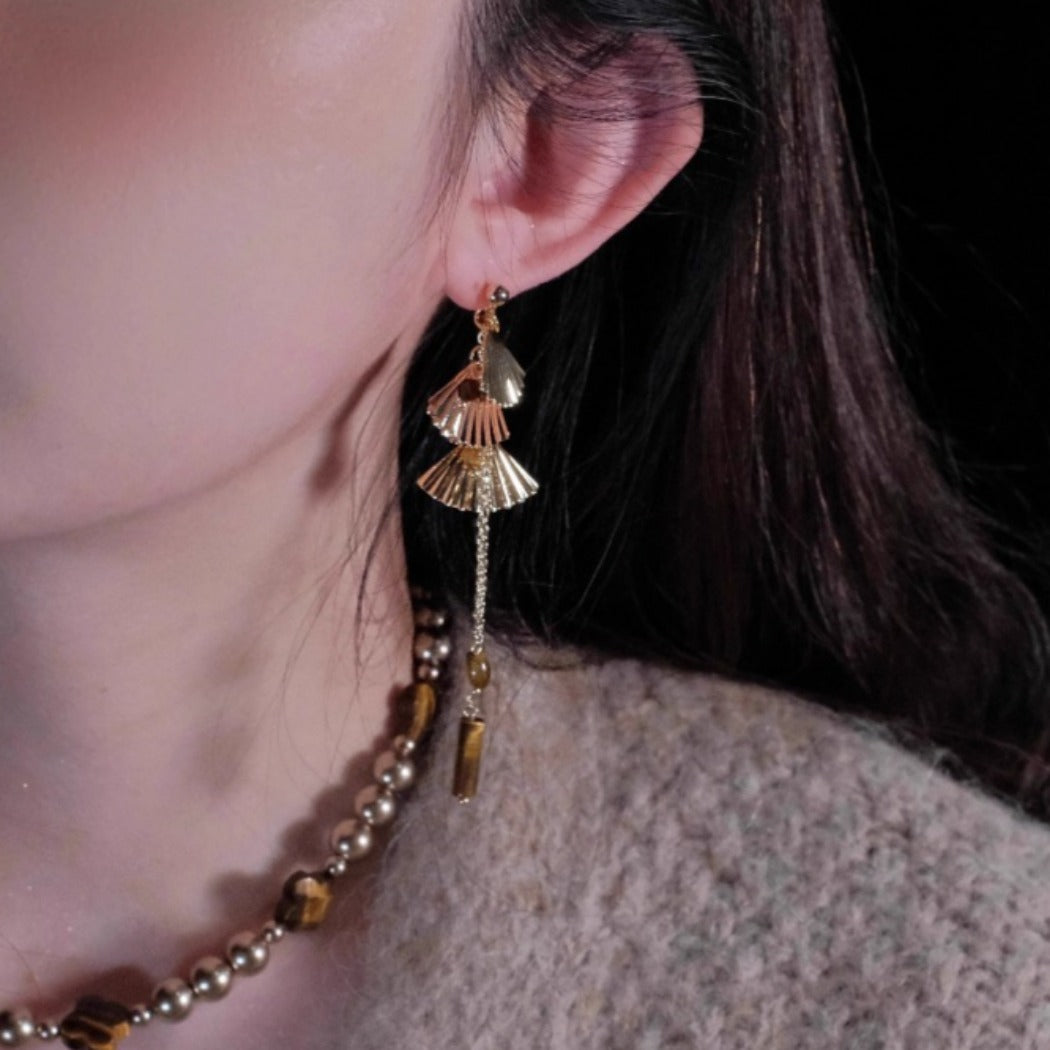 Earwish - Golden Fan & Bead Earrings - Classic & Chic