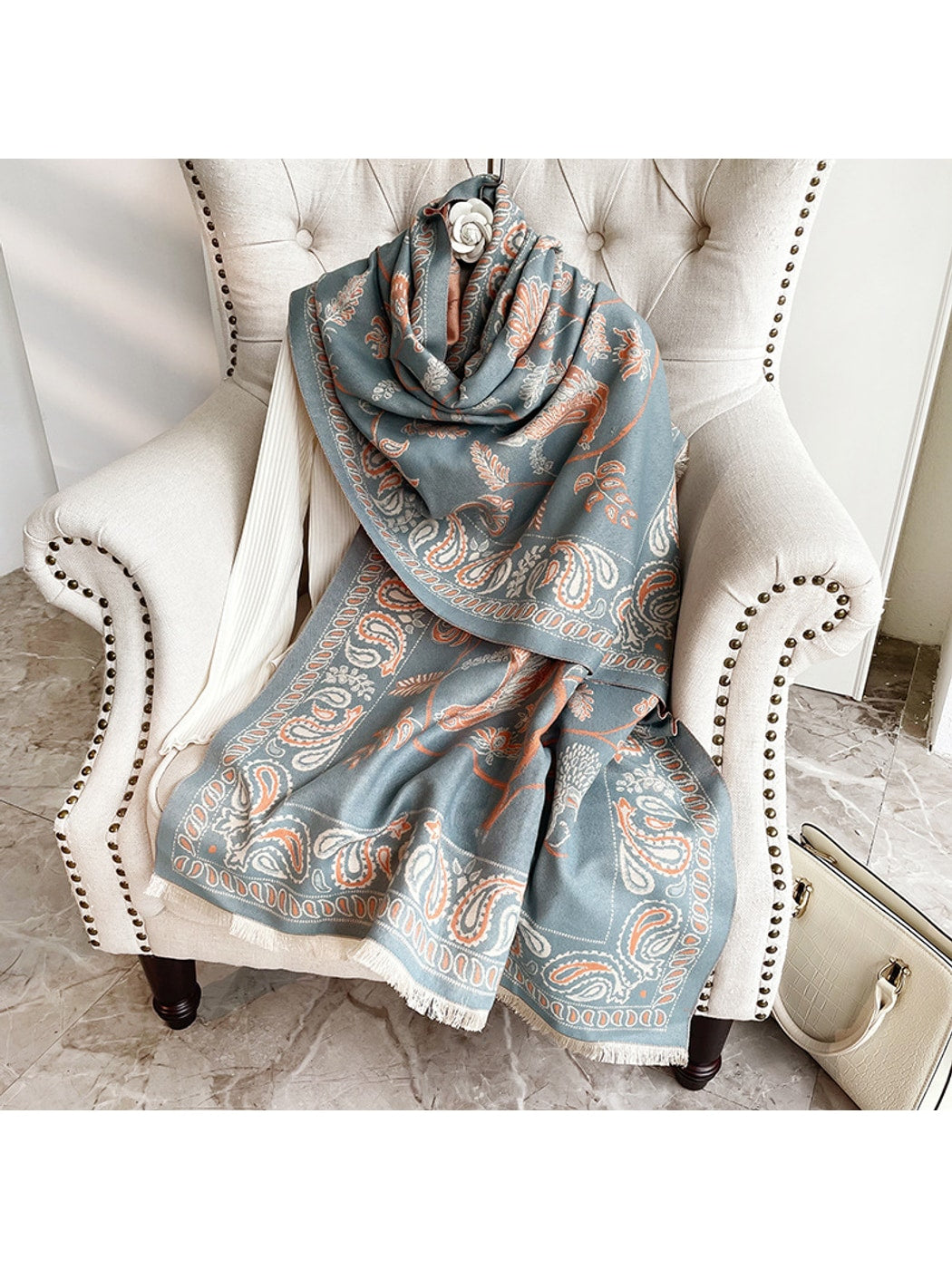 Scarvii - Printed Bird and Paisley Fringed Scarf
