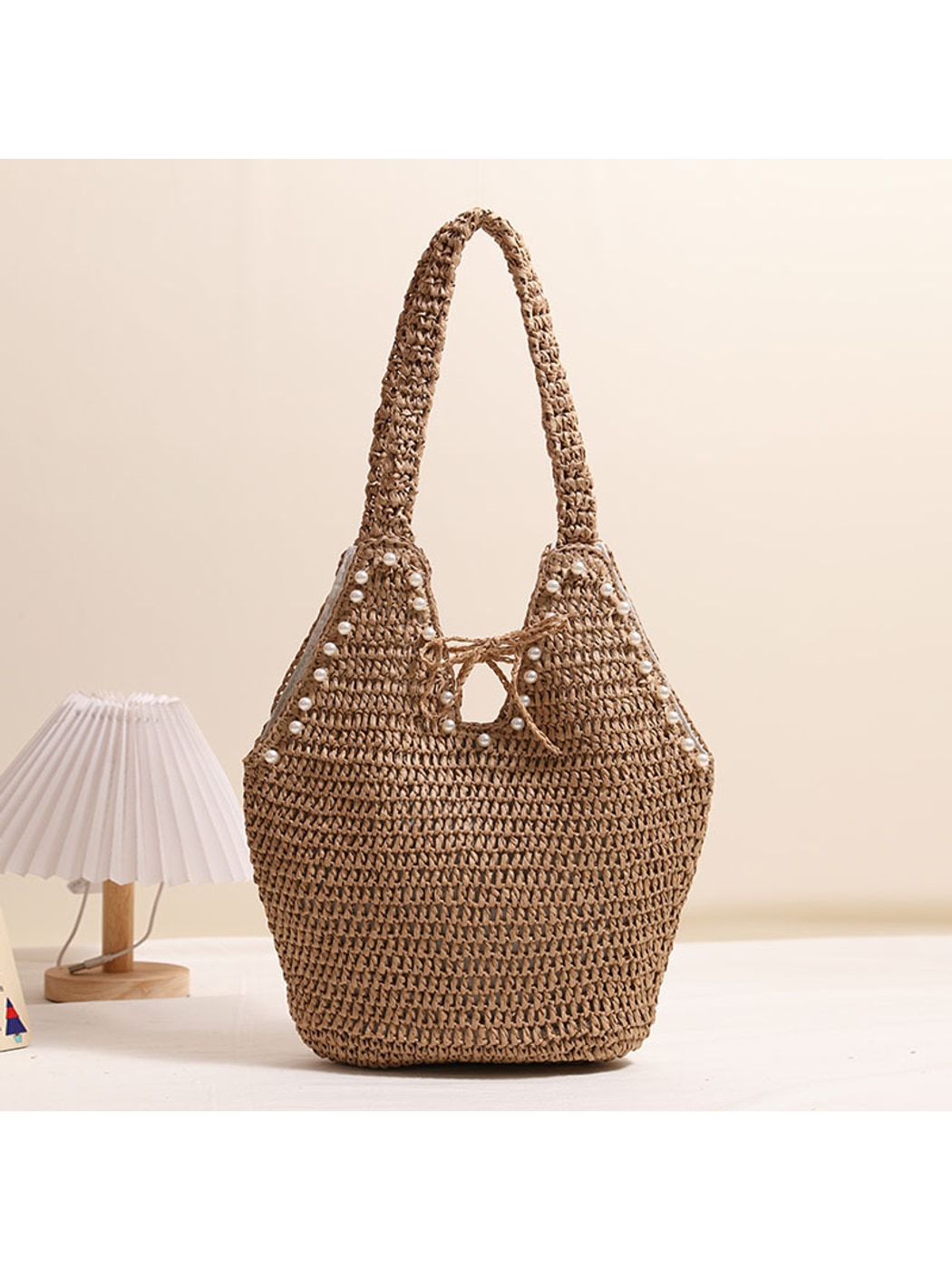 Cosbai - Brown Beaded Detail Woven Tote Bag
