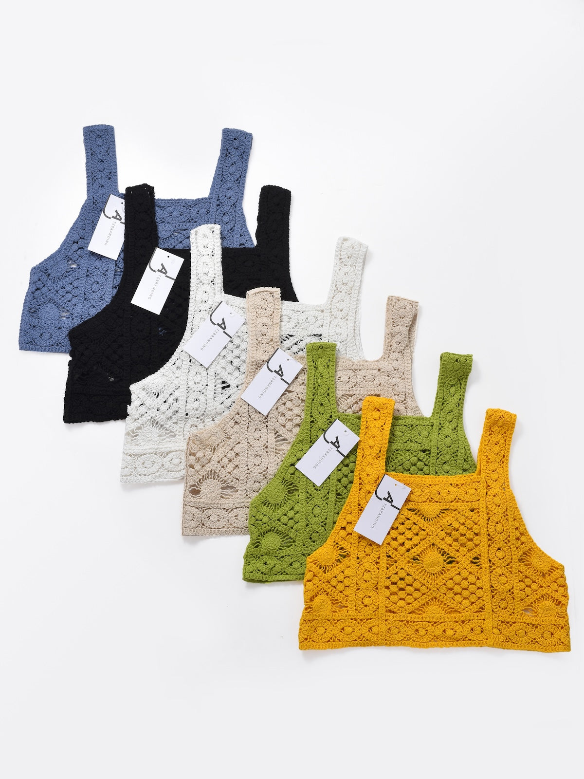Front view of Crosa vintage crochet camisole tank top in cream color